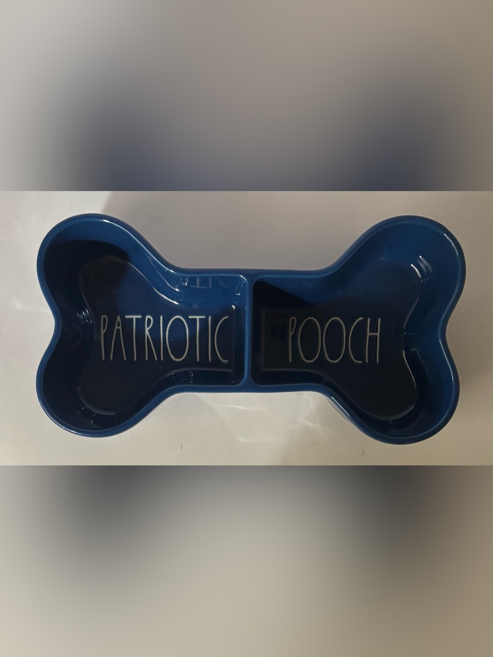 Rae Dunn patriotic pooch dog bowl bone shape ceramic blue white